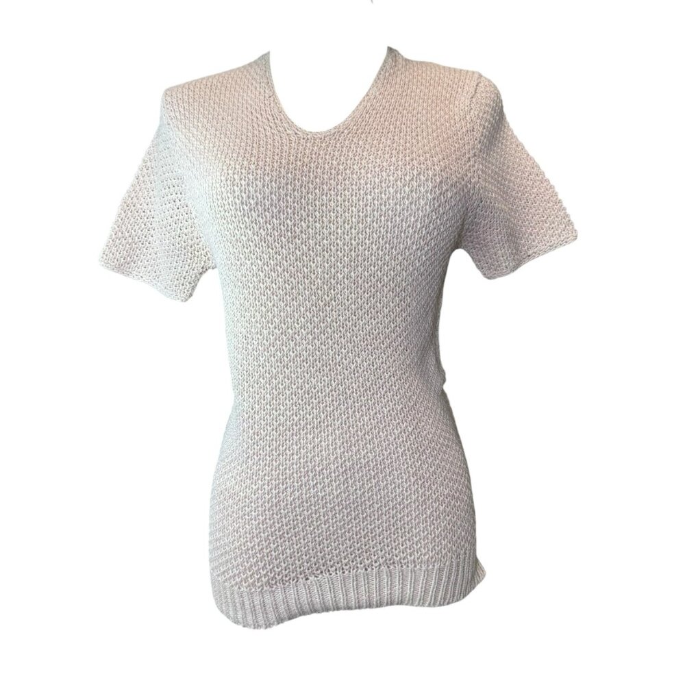 Hiatus Cream Short Sleeve Knit Sweater Top M V-Neck Lightweight Pullover